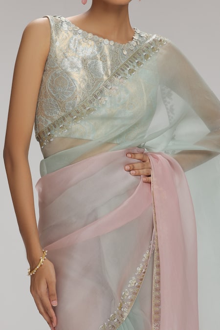 Chhaya Mehrotra_Pink Blouse Brocade, Saree Organza Rhinestone Round Ombre With _Online_at_Aza_Fashions