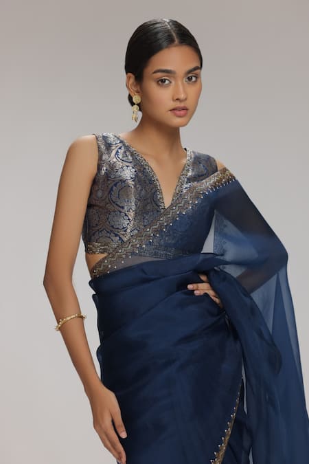 Chhaya Mehrotra_Blue Blouse Brocade, Saree Organza Rhinestone V Neck Embellished With _Online_at_Aza_Fashions