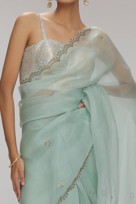 Chhaya Mehrotra Green Blouse Brocade, Saree Organza Rhinestone Sweetheart Embellished With Online at Aza Fashions Chhaya Mehrotra_Green Blouse Brocade, Saree Organza Rhinestone Sweetheart Embellished With _Online_at_Aza_Fashions