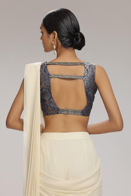 Buy_Chhaya Mehrotra_Cream Blouse Brocade, Saree Georgette Floral V Neck Pre-draped With _Online_at_Aza_Fashions