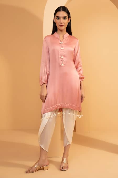 Tarini Vij Pink Imported Satin Plain Mandarin Collar Iqra Kurta And Dhoti Pant Set 