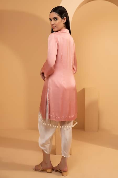 Shop Tarini Vij Pink Imported Satin Plain Mandarin Collar Iqra Kurta And Dhoti Pant Set at Aza Fashions Shop_Tarini Vij_Pink Imported Satin Plain Mandarin Collar Iqra Kurta And Dhoti Pant Set _at_Aza_Fashions