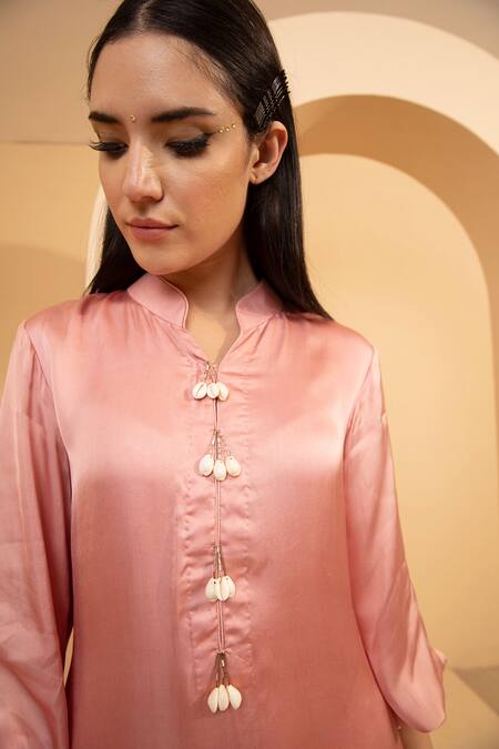 Tarini Vij Pink Imported Satin Plain Mandarin Collar Iqra Kurta And Dhoti Pant Set Online at Aza Fashions Tarini Vij_Pink Imported Satin Plain Mandarin Collar Iqra Kurta And Dhoti Pant Set _Online_at_Aza_Fashions