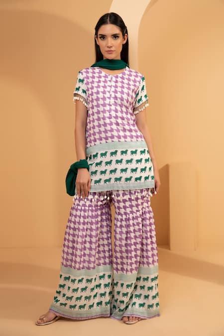 Tarini Vij Purple Chevron, Animal Round Vahida Printed Kurta Sharara Set 
