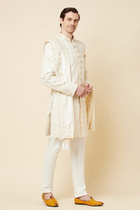 Spring Break_White Polyester Cotton Thread And Sequin Lucknowi Embroidered Sherwani Set _Online_at_Aza_Fashions