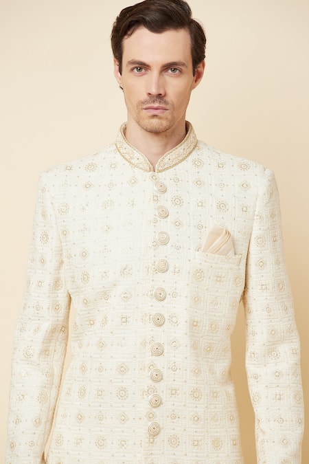 Spring Break_White Polyester Cotton Thread And Sequin Lucknowi Embroidered Sherwani Set _at_Aza_Fashions