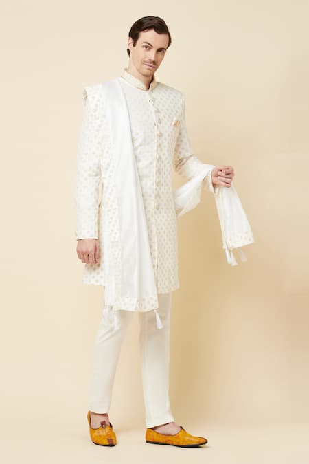 Spring Break_White Polyester Cotton Thread And Sequin Embroidered Sherwani Set _Online_at_Aza_Fashions