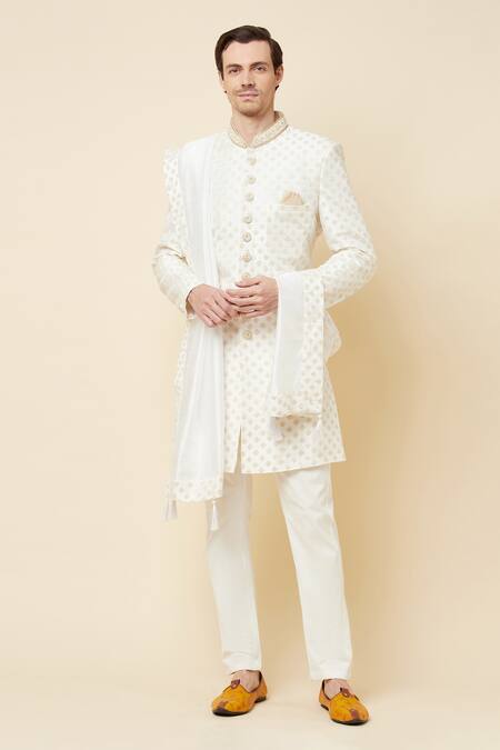 Buy_Spring Break_White Polyester Cotton Thread And Sequin Embroidered Sherwani Set _Online_at_Aza_Fashions