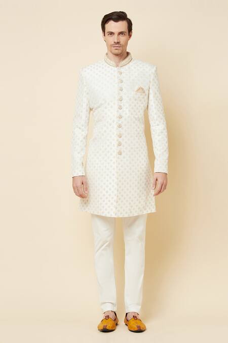 Shop_Spring Break_White Polyester Cotton Thread And Sequin Embroidered Sherwani Set _Online_at_Aza_Fashions