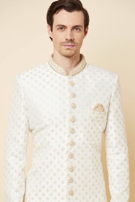 Spring Break_White Polyester Cotton Thread And Sequin Embroidered Sherwani Set _at_Aza_Fashions
