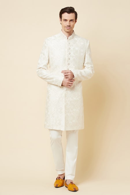 Spring Break White Polyester Cotton Embroidery Thread Sherwani And Churidar Set
