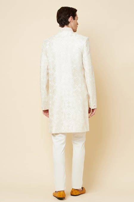 Shop_Spring Break_White Polyester Cotton Thread, Cutdana And Embroidered Sherwani & Churidar Set _at_Aza_Fashions