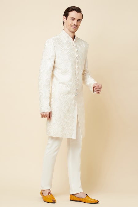 Spring Break_White Polyester Cotton Thread, Cutdana And Embroidered Sherwani & Churidar Set _Online_at_Aza_Fashions