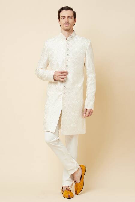 Buy_Spring Break_White Polyester Cotton Thread, Cutdana And Embroidered Sherwani & Churidar Set _Online_at_Aza_Fashions