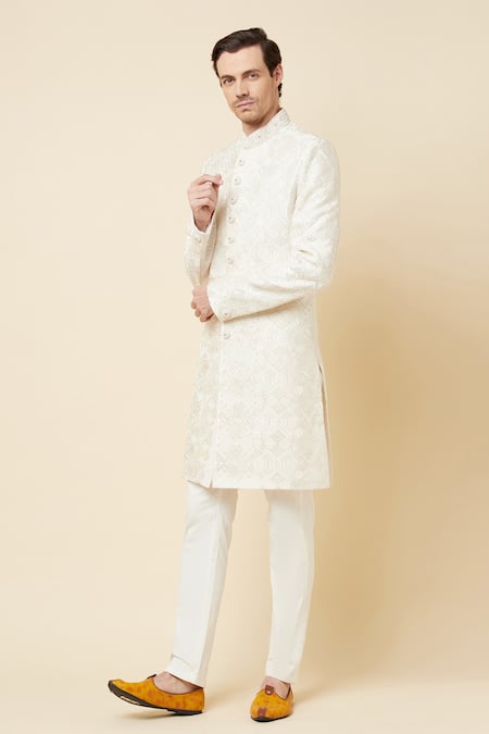 Shop_Spring Break_White Polyester Cotton Thread, Cutdana And Embroidered Sherwani & Churidar Set _Online_at_Aza_Fashions