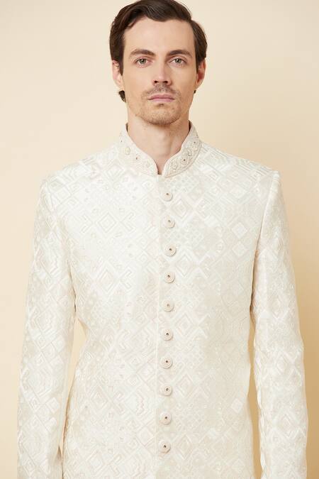 Spring Break_White Polyester Cotton Thread, Cutdana And Embroidered Sherwani & Churidar Set _at_Aza_Fashions