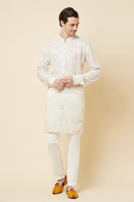 Buy_Spring Break_White Polyester Cotton Thread Lucknowi Kurta And Churidar Set _Online_at_Aza_Fashions