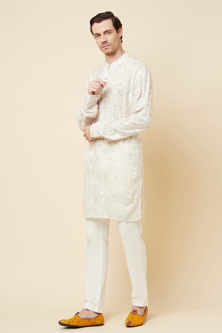 Shop_Spring Break_White Polyester Cotton Thread Lucknowi Kurta And Churidar Set _Online_at_Aza_Fashions
