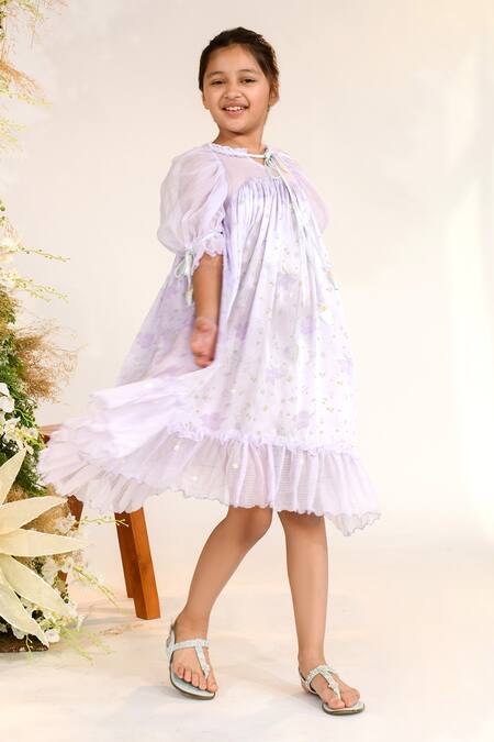 Littleens_Purple Satin, Kota Doria Sequins, Beads Curio Cabinet Midi Dress _Online_at_Aza_Fashions