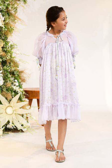 Buy_Littleens_Purple Satin, Kota Doria Sequins, Beads Curio Cabinet Midi Dress _Online_at_Aza_Fashions