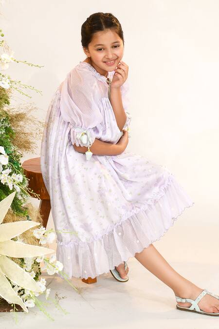 Littleens_Purple Satin, Kota Doria Sequins, Beads Curio Cabinet Midi Dress _at_Aza_Fashions