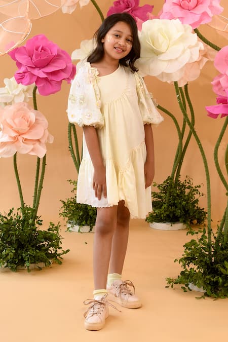 Littleens_Yellow Cotton Satin Sequins, Beads A Day At The Flower Dress _Online_at_Aza_Fashions
