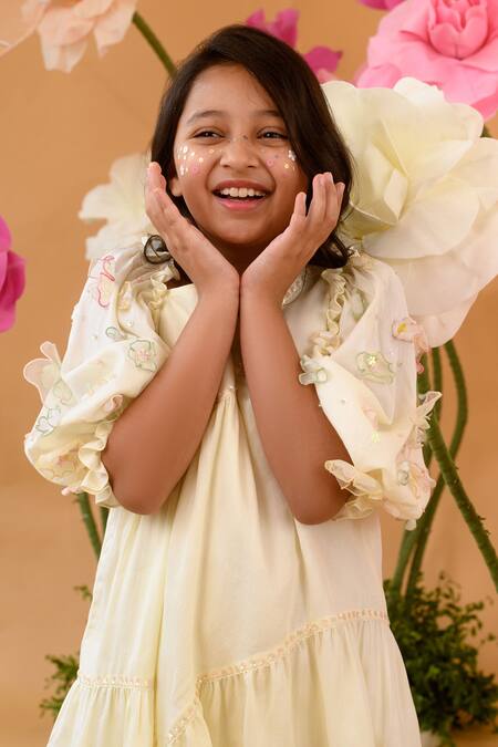 Shop_Littleens_Yellow Cotton Satin Sequins, Beads A Day At The Flower Dress _Online_at_Aza_Fashions