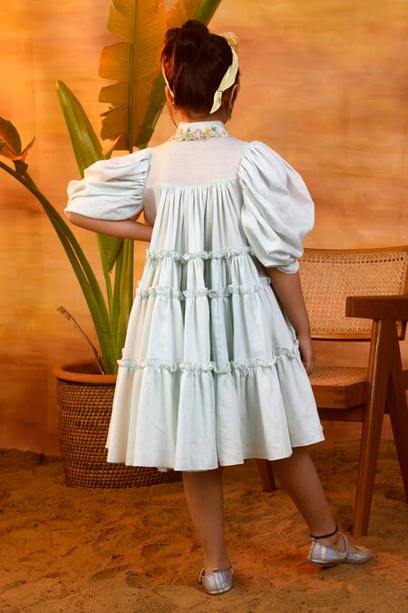 Shop_LITTLEENS_Blue Cotton Satin Beads Lovelorn Foliate Dress _at_Aza_Fashions
