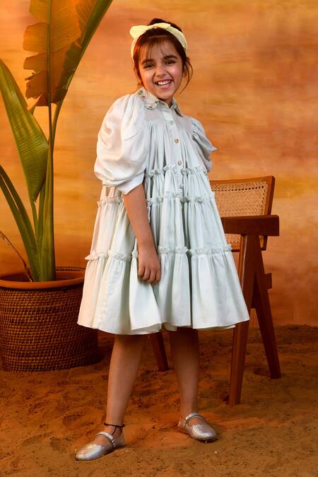 LITTLEENS_Blue Cotton Satin Beads Lovelorn Foliate Dress _Online_at_Aza_Fashions