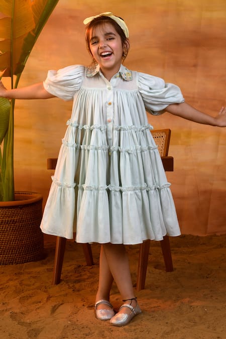 Buy_LITTLEENS_Blue Cotton Satin Beads Lovelorn Foliate Dress _Online_at_Aza_Fashions