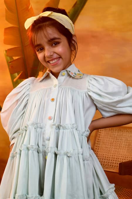Shop_LITTLEENS_Blue Cotton Satin Beads Lovelorn Foliate Dress _Online_at_Aza_Fashions