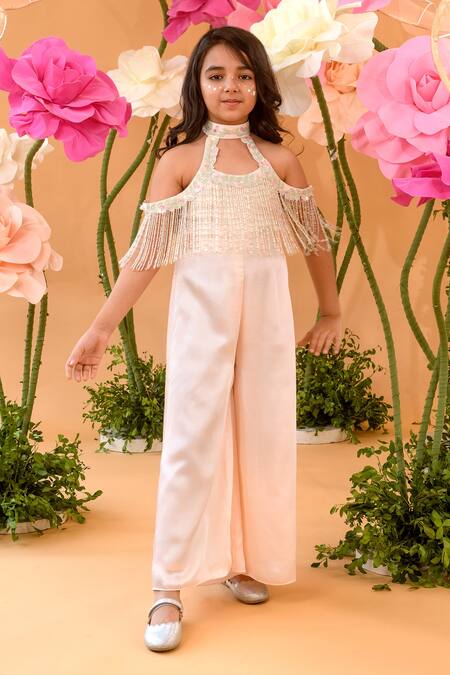 Littleens Peach Satin Sequins, Beads Hollyhock Jumpsuit Online at Aza Fashions Littleens_Peach Satin Sequins, Beads Hollyhock Jumpsuit _Online_at_Aza_Fashions