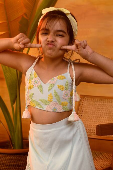Shop_Littleens_Blue Voile Beads Orna Crop Top And Skirt Set _Online_at_Aza_Fashions