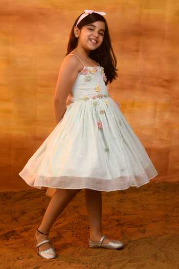 Littleens_Blue Voile, Kota Doria Embroidery, Sequins Mayflower Strappy Dress _Online_at_Aza_Fashions