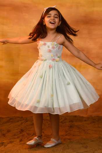 Buy_Littleens_Blue Voile, Kota Doria Embroidery, Sequins Mayflower Strappy Dress _Online_at_Aza_Fashions