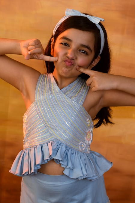 Buy_Littleens_Blue Cotton Satin Sequins, Beads, Embroidery Tinsel And Glitter Skirt Set _Online_at_Aza_Fashions