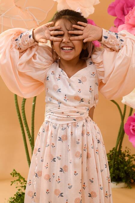 Littleens_Peach Satin Embroidery Fume Of Motley Dress _Online_at_Aza_Fashions