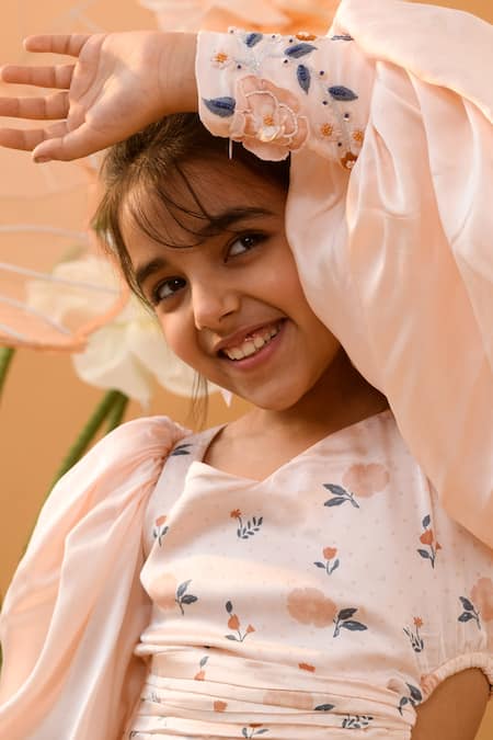 Buy_Littleens_Peach Satin Embroidery Fume Of Motley Dress _Online_at_Aza_Fashions