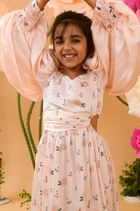 Shop_Littleens_Peach Satin Embroidery Fume Of Motley Dress _Online_at_Aza_Fashions