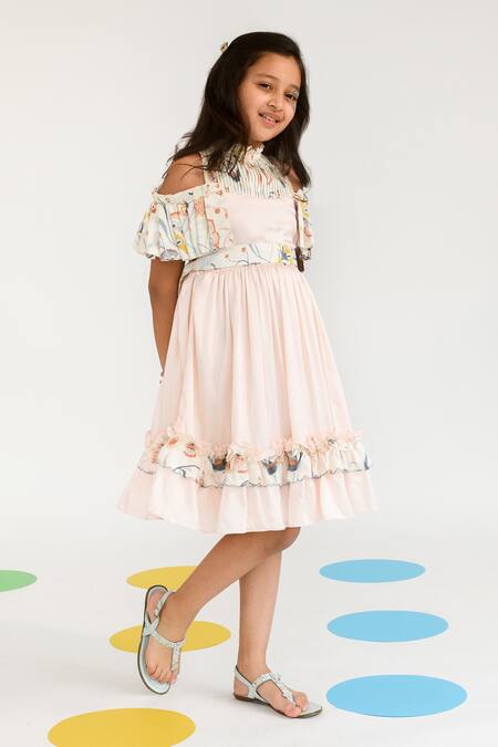 Shop Littleens Yellow Cotton Ruffles Ribbon Of Moonlight Dress Online at Aza Fashions Shop_Littleens_Yellow Cotton Ruffles Ribbon Of Moonlight Dress _Online_at_Aza_Fashions
