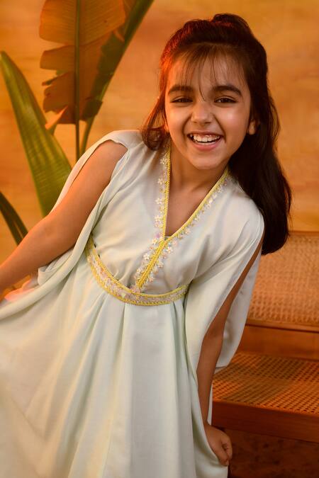 Buy_Littleens_Blue Voile Beads, Sequins Meadow Whisper Kaftan _Online_at_Aza_Fashions