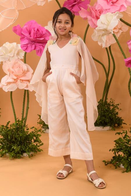 LITTLEENS Peach Cotton Satin And Kota Doriya Embroidery 3d Rosefinch Jumpsuit 