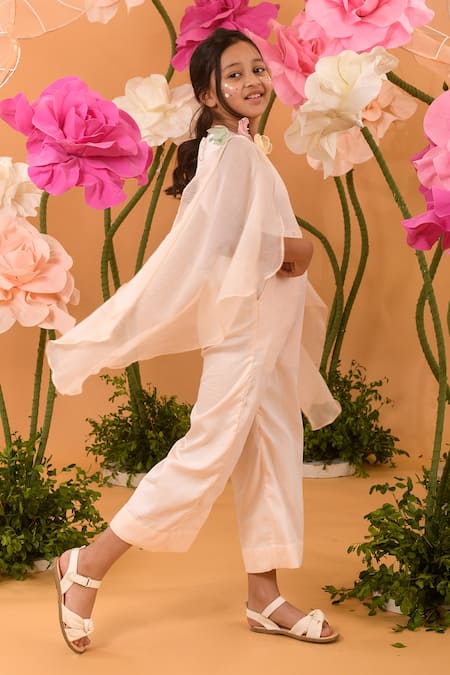 Littleens_Peach Cotton Satin, Kota Doria Embroidery 3d Floral Motif Jumpsuit _Online_at_Aza_Fashions