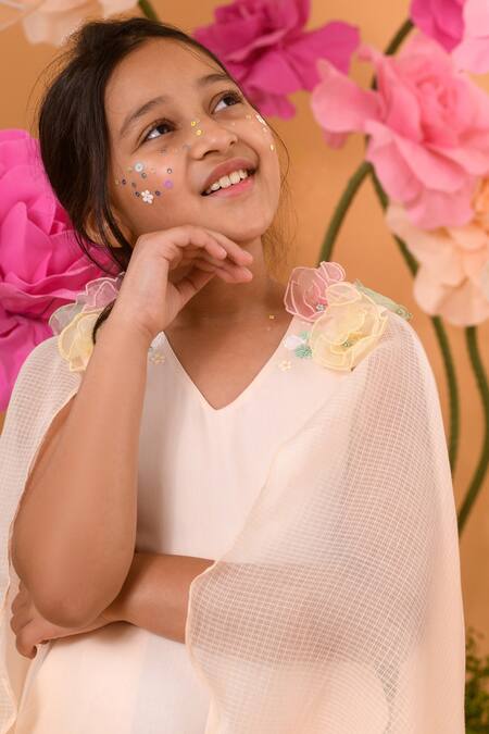 Shop_Littleens_Peach Cotton Satin, Kota Doria Embroidery 3d Floral Motif Jumpsuit _Online_at_Aza_Fashions