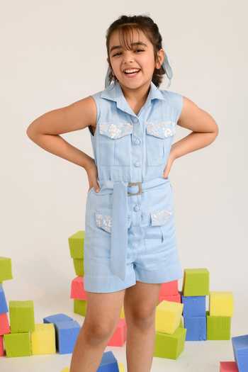 Littleens_Blue Cotton Satin Sequins Wandering Star Playsuit With Belt _Online_at_Aza_Fashions