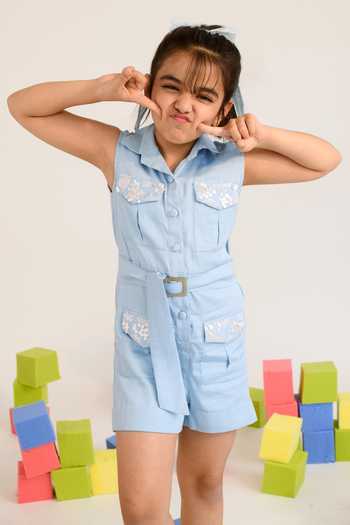 Shop_Littleens_Blue Cotton Satin Sequins Wandering Star Playsuit With Belt _Online_at_Aza_Fashions