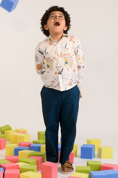 Littleens_Yellow Cotton Satin Embroidery Swinging Willow Collar Shirt _Online_at_Aza_Fashions