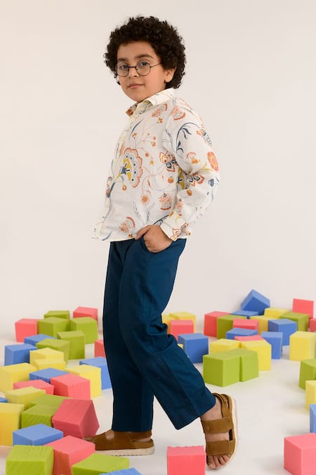 Shop_Littleens_Yellow Cotton Satin Embroidery Swinging Willow Collar Shirt _Online_at_Aza_Fashions