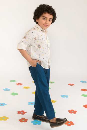 Littleens_Yellow Cotton Satin Embroidery Dusk And Dew Printed Shirt _Online_at_Aza_Fashions