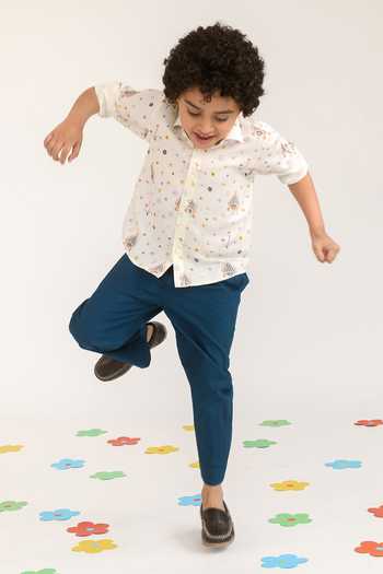 Buy_Littleens_Yellow Cotton Satin Embroidery Dusk And Dew Printed Shirt _Online_at_Aza_Fashions